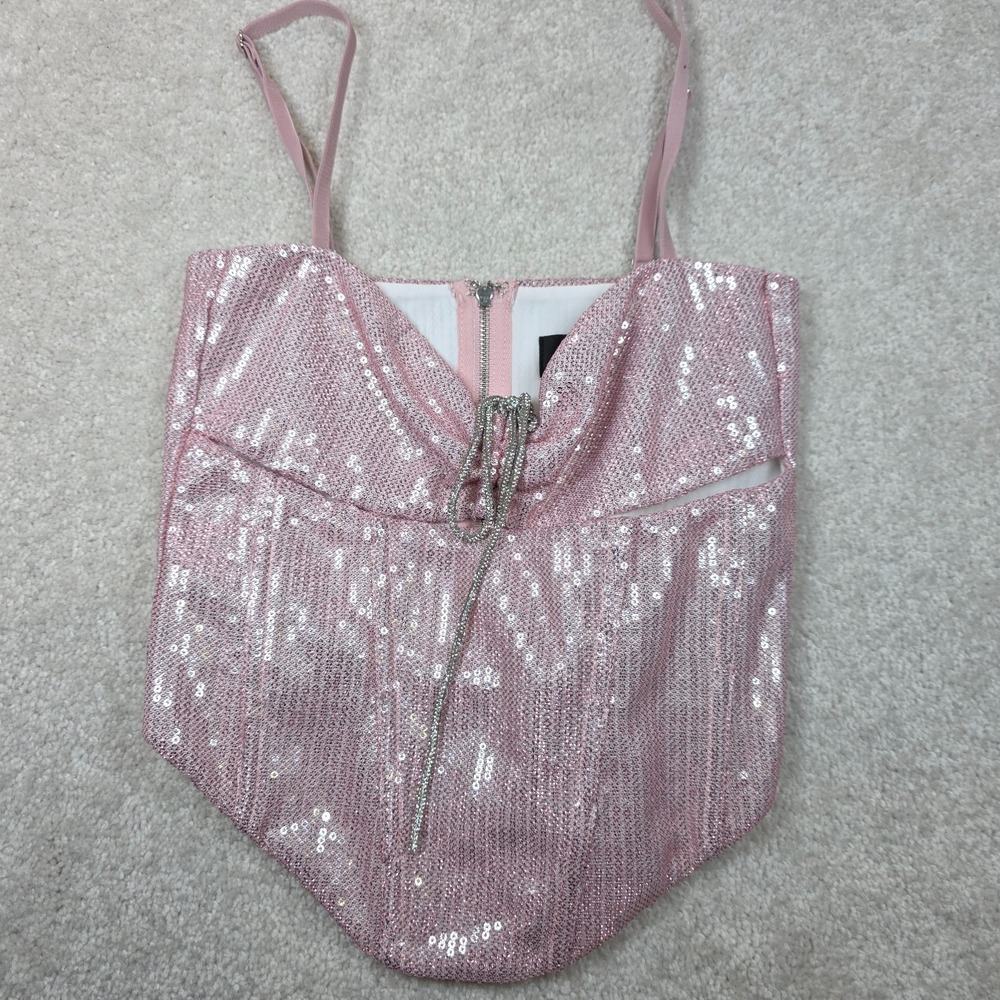 White Fox Can't Slow Down Bustier Cropped Top Womens XS Pink Sequined Lined